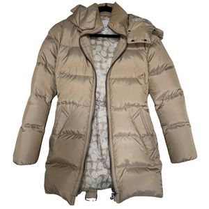 Coach Gold Mid Length Duck Down and Feather Logo Lining Puffer Detachable Hood